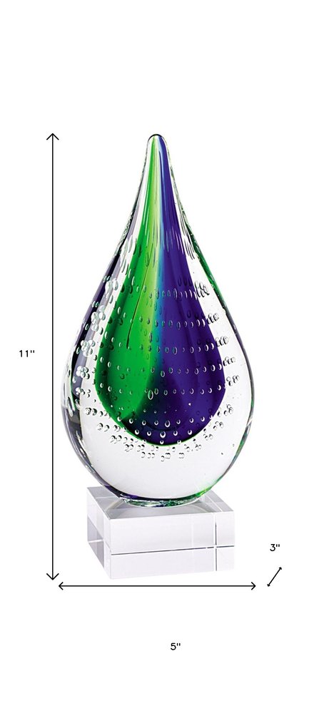 11" Clear Blue and Green Murano Glass Modern Abstract Tabletop Sculpture