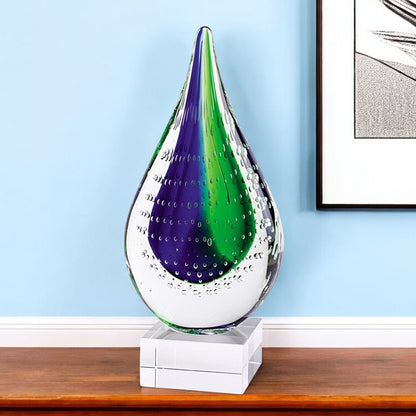 11" Clear Blue and Green Murano Glass Modern Abstract Tabletop Sculpture