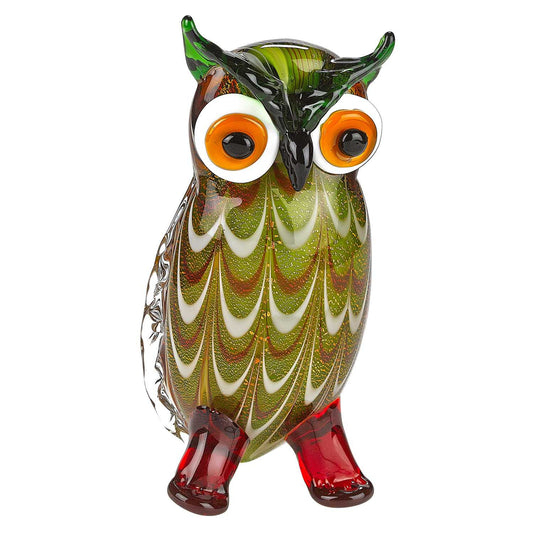 9" Green and White Murano Glass Owl Figurine Tabletop Sculpture