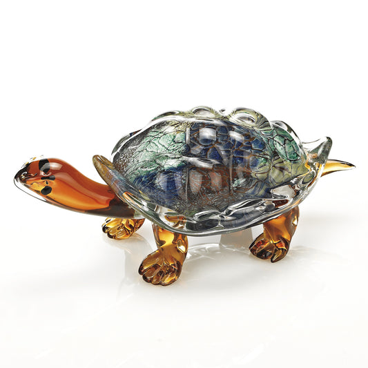 7" Clear Brown and Green Murano Glass Turtle Figurine Tabletop Sculpture