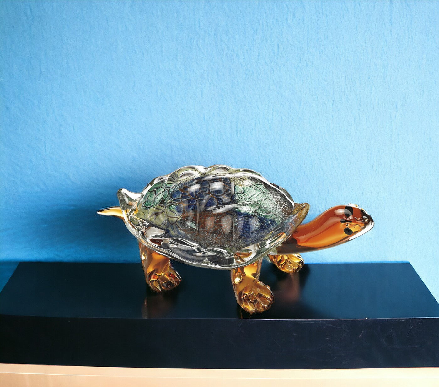 7" Clear Brown and Green Murano Glass Turtle Figurine Tabletop Sculpture