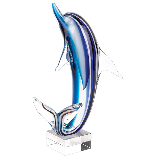 14" Blue Murano Glass Dolphin Figurine Tabletop Sculpture