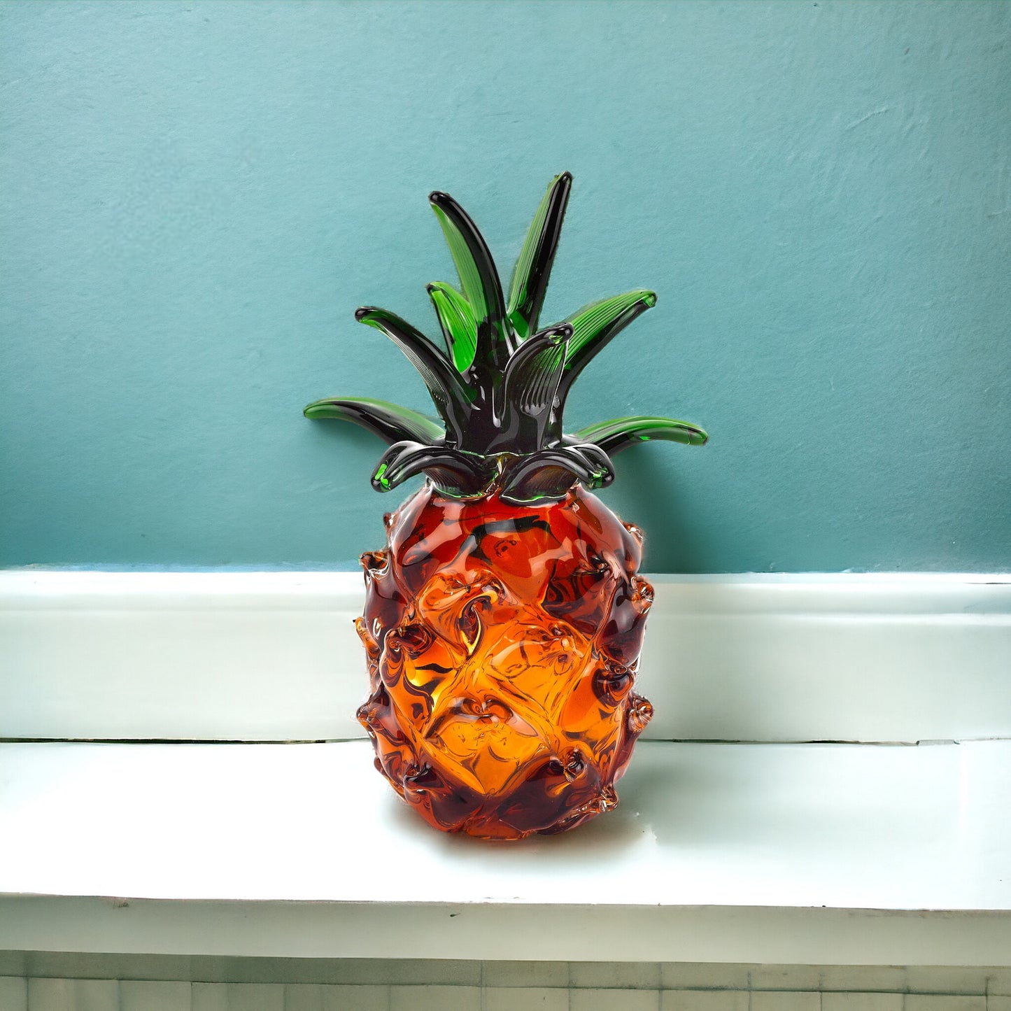 9" Orange Murano Glass Pineapple Statue Tabletop Sculpture