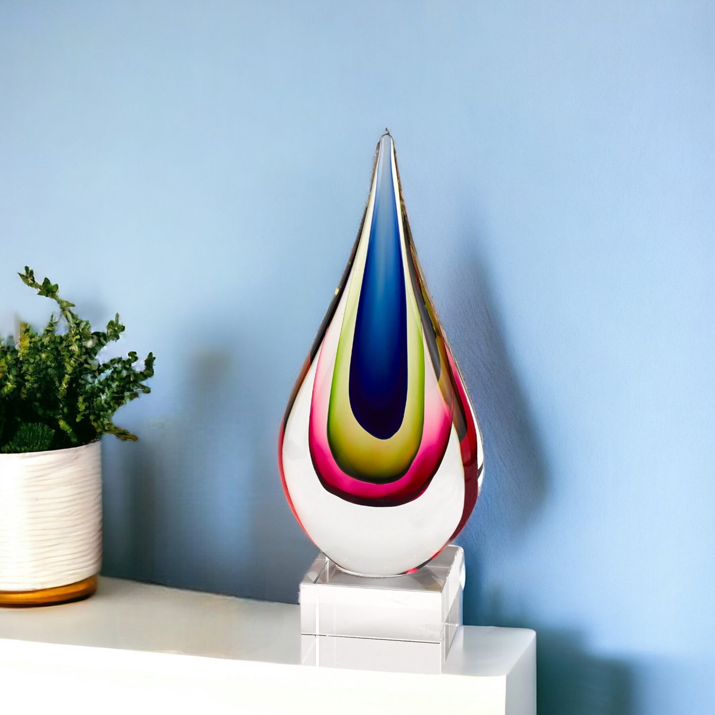 12" Clear Red Blue Yellow Murano Glass Modern Abstract Tabletop Sculpture