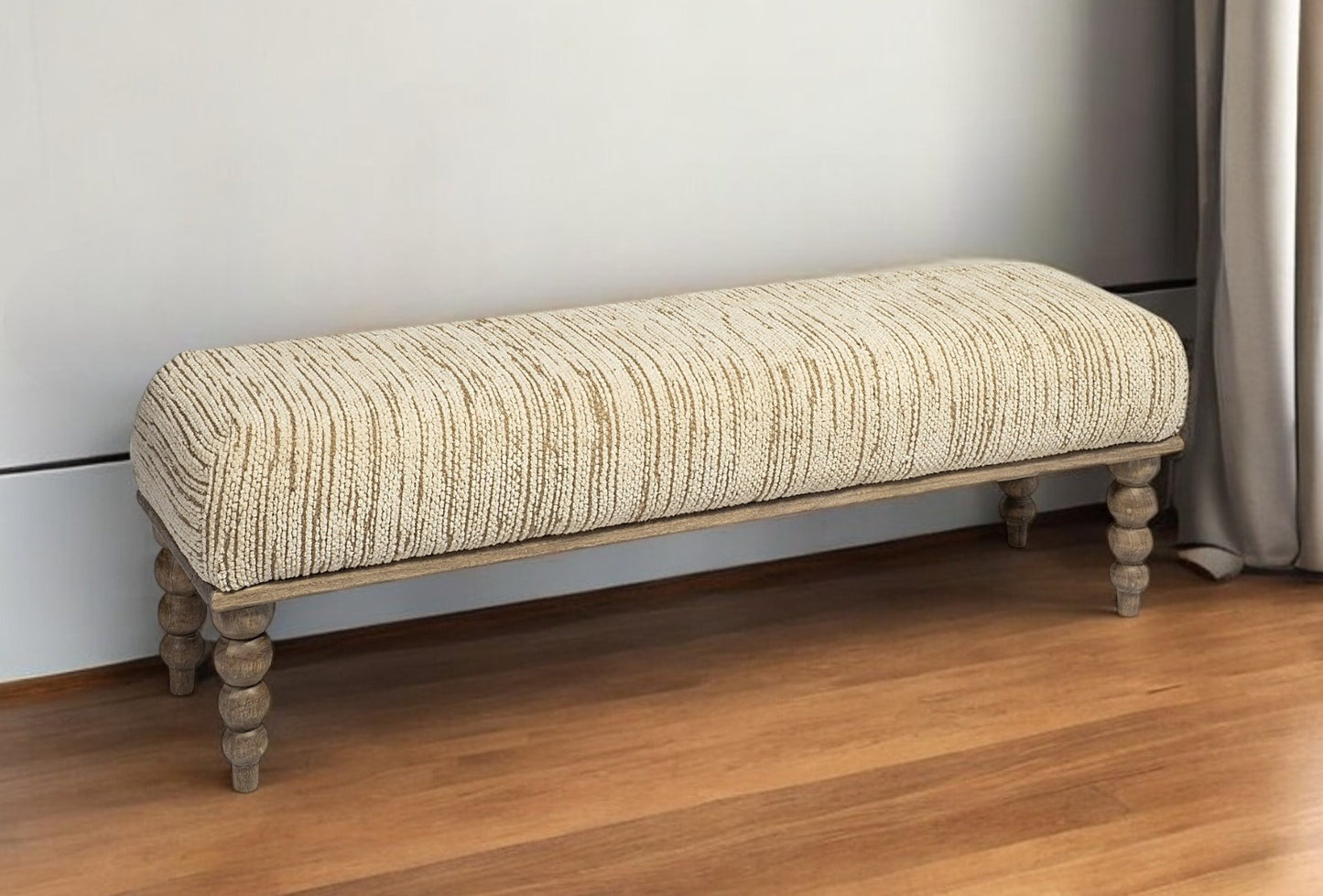 55" Cream and Wood Brown Upholstered Fabric Bench