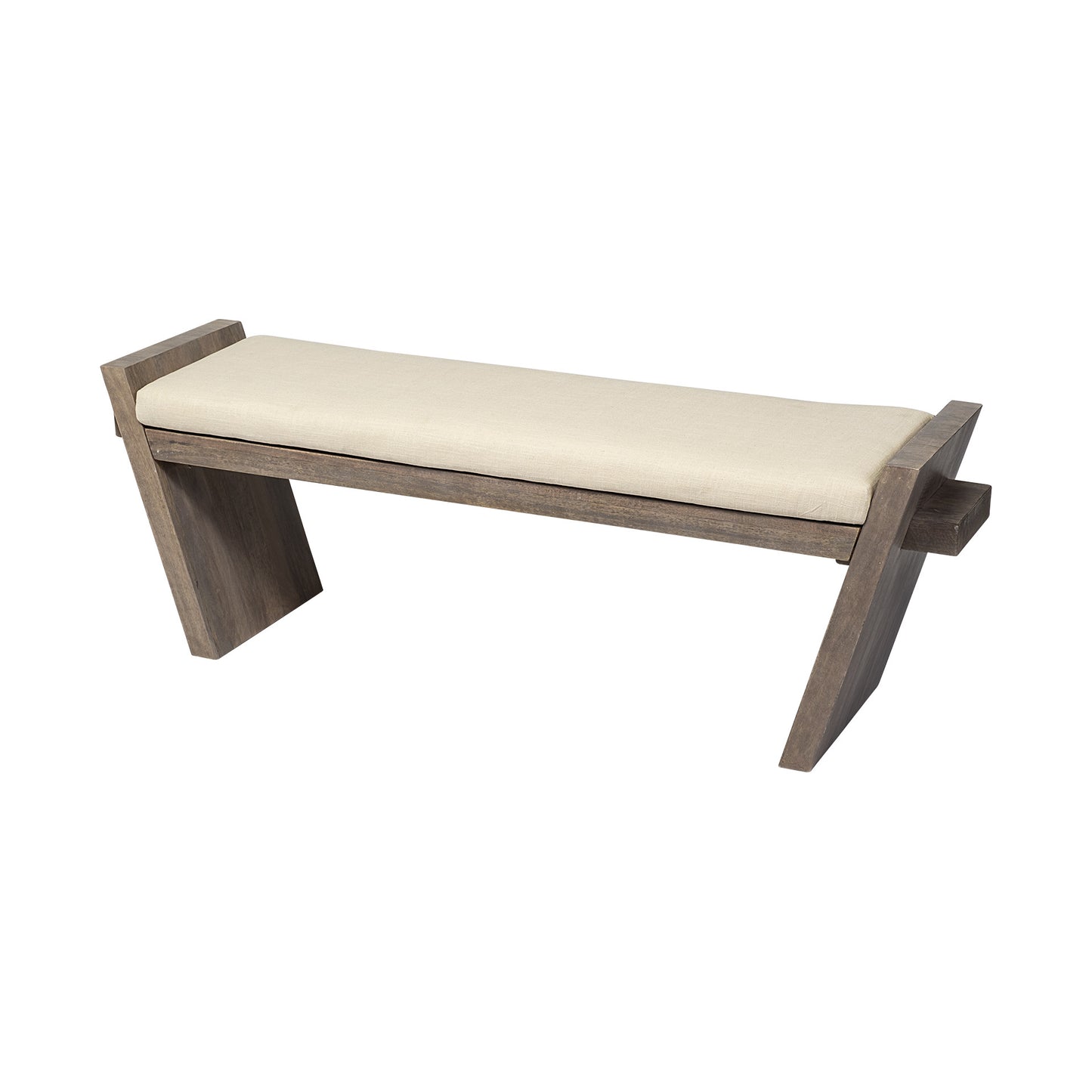 14" Cream and Brown Upholstered Linen Blend Bench