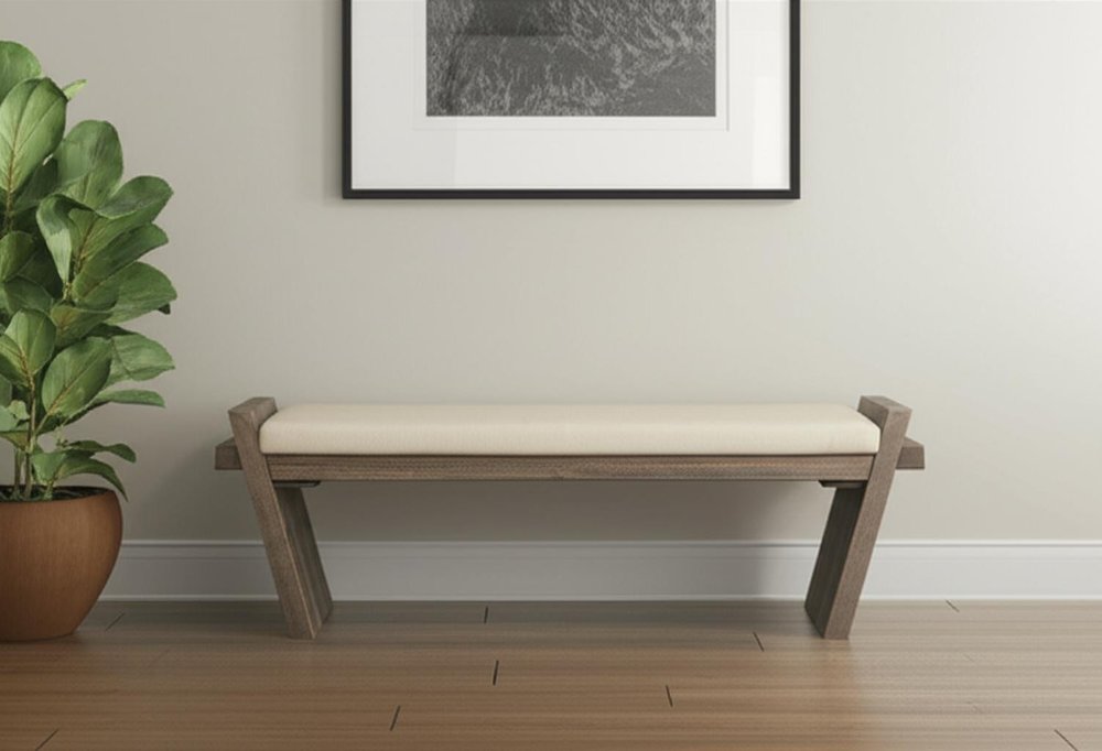 58" Cream And Brown Linen Blend And Solid Wood Upholstered Entryway Stool