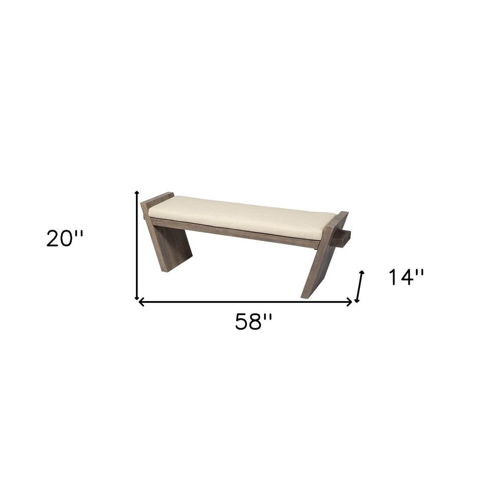 58" Cream And Brown Linen Blend And Solid Wood Upholstered Entryway Stool