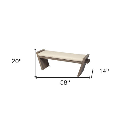 58" Cream And Brown Linen Blend And Solid Wood Upholstered Entryway Stool