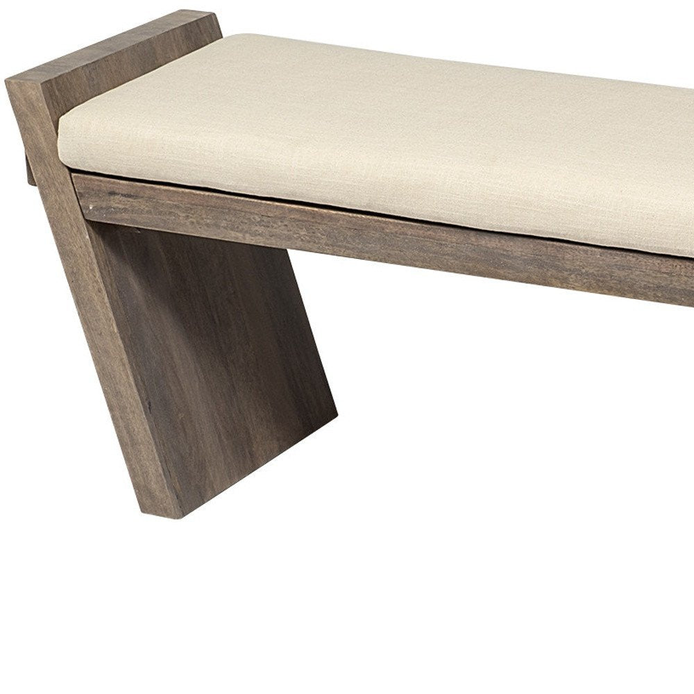 58" Cream And Brown Linen Blend And Solid Wood Upholstered Entryway Stool