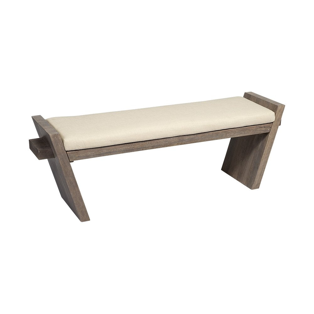 58" Cream And Brown Linen Blend And Solid Wood Upholstered Entryway Stool