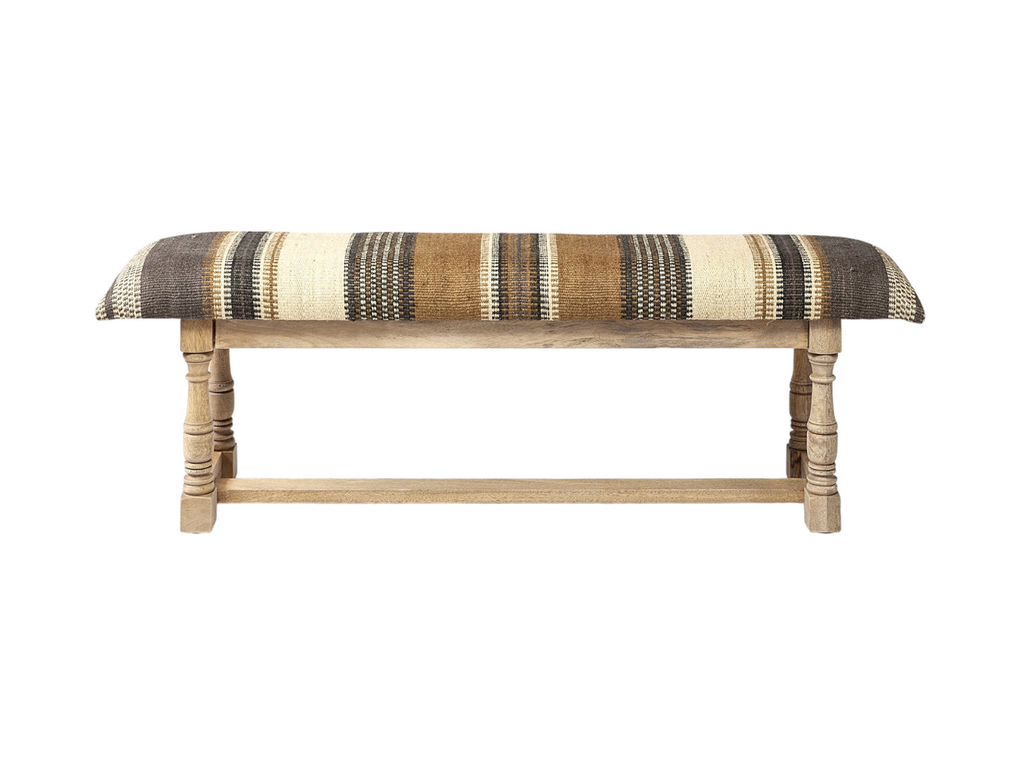 59" Beige and Gray and Brown Upholstered Jute Striped Bench