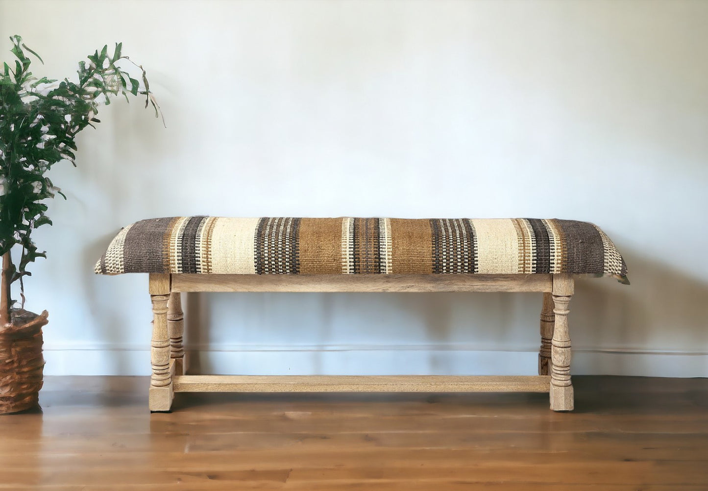 59" Beige and Gray and Brown Upholstered Jute Striped Bench