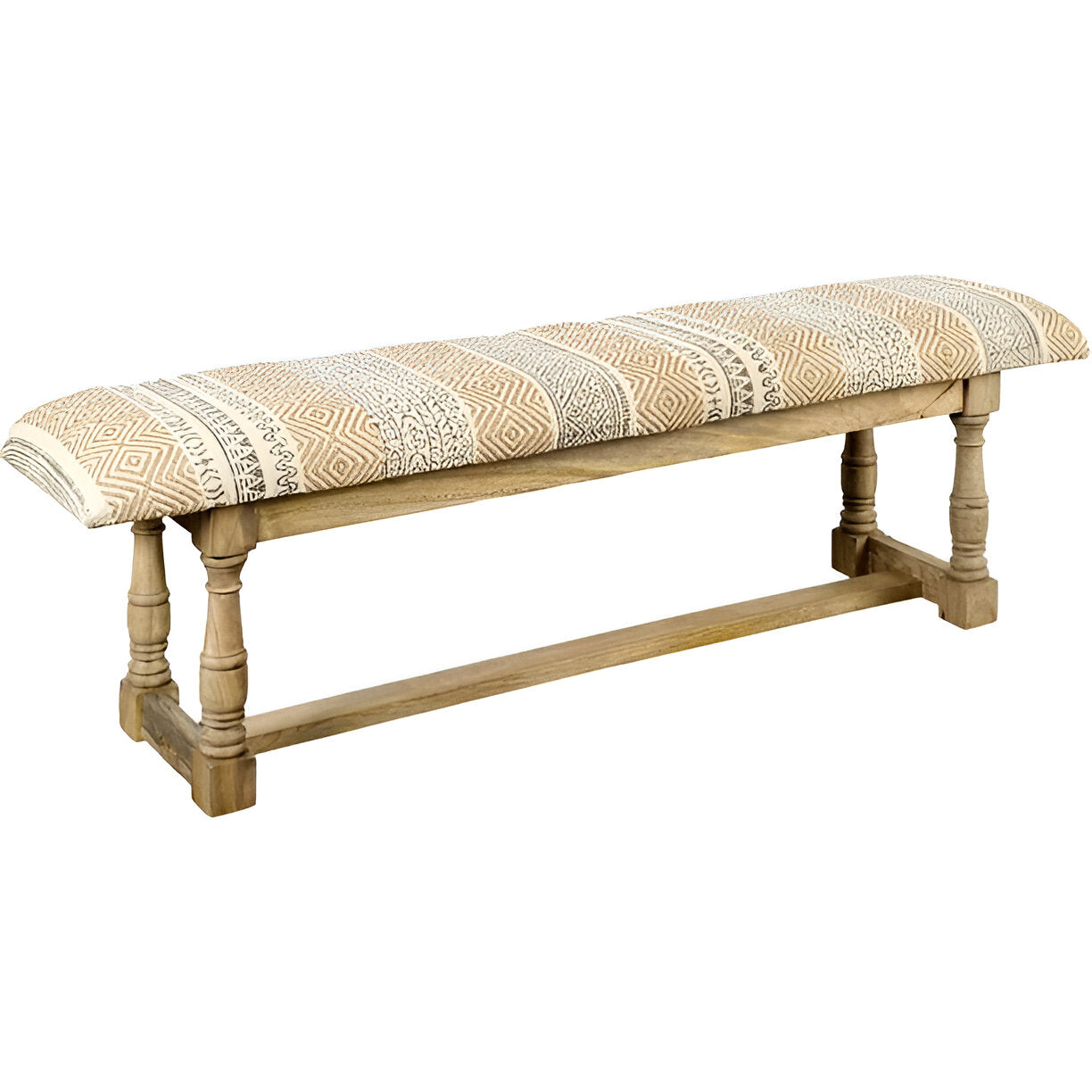 59" Beige Orange and Brown Geometric Upholstered Jute Accent Bench