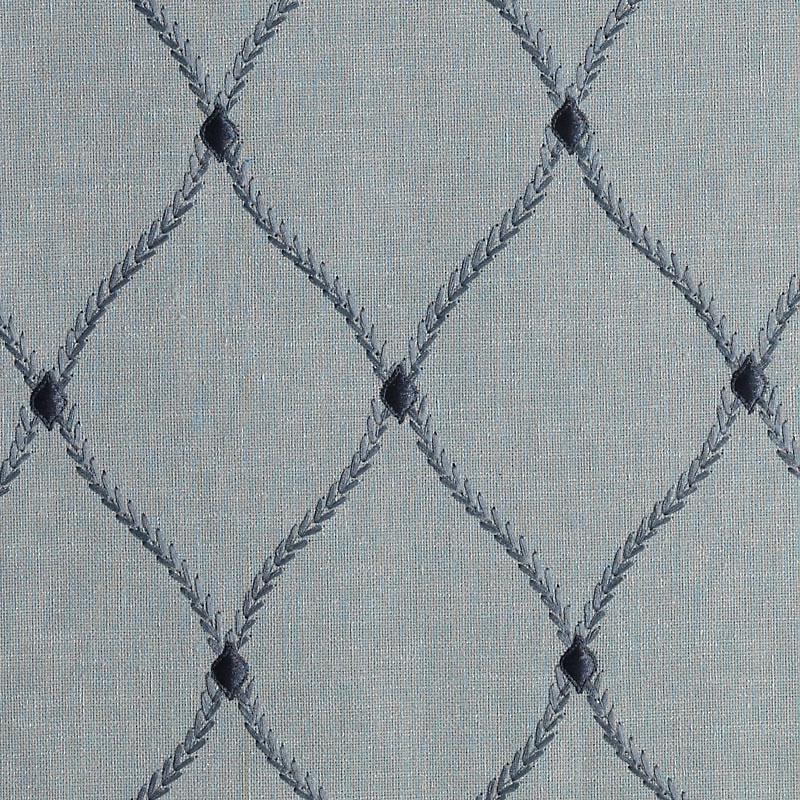 Light blue-gray linen fabric with navy braided rope diamond lattice and dark diamond accents