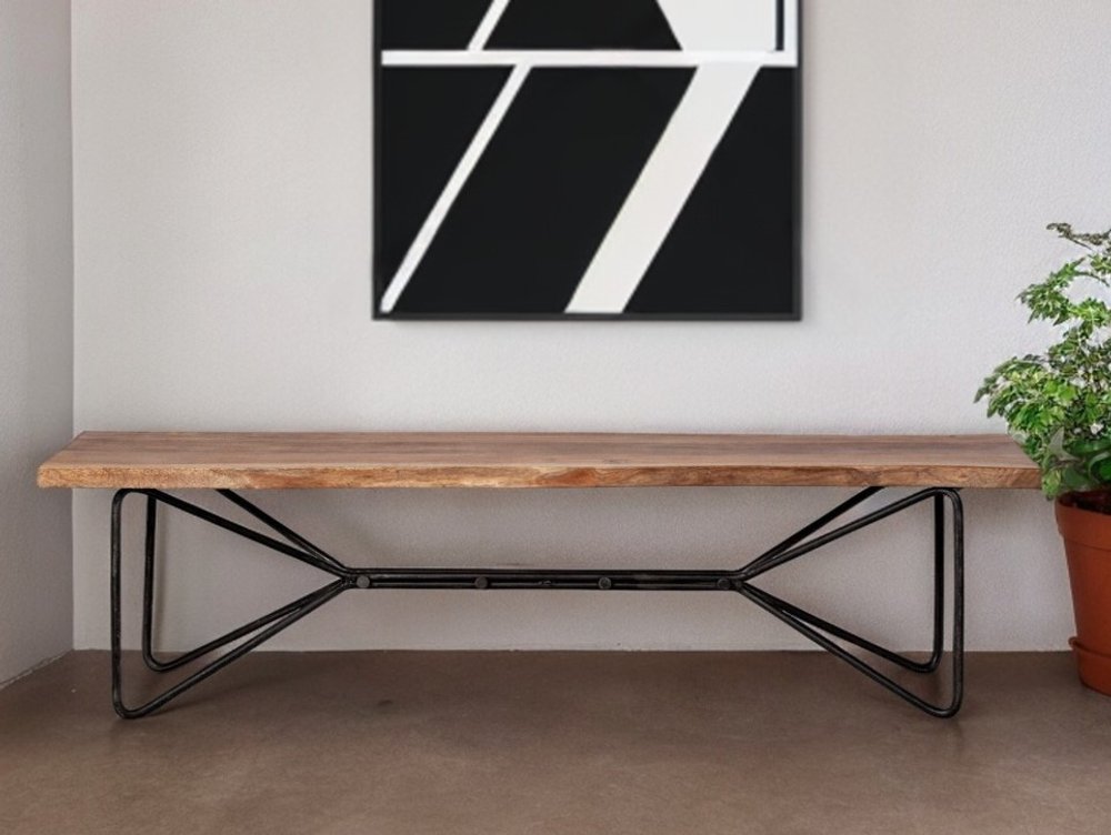 66" Brown and Black Distressed Live Edge Solid Wood Dining Bench