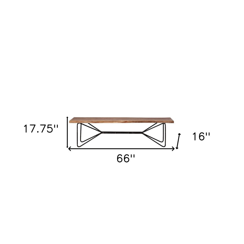 66" Brown and Black Distressed Live Edge Solid Wood Dining Bench