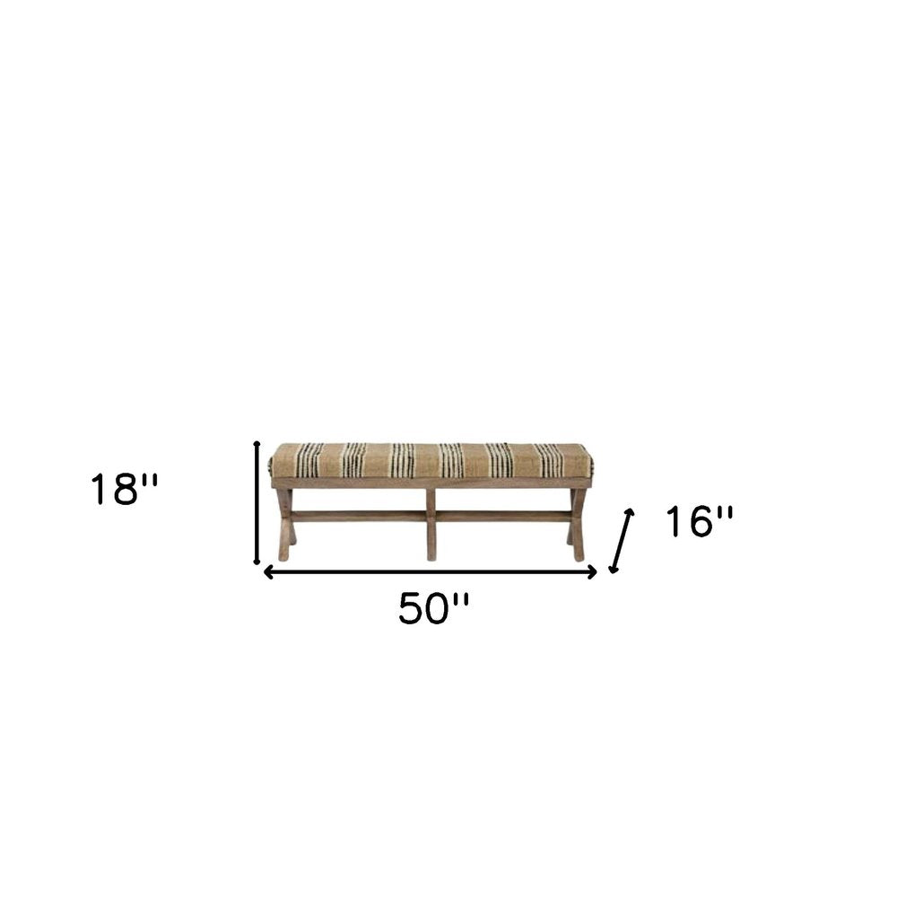 50" Beige Black And Brown Cotton Blend And Solid Wood Upholstered Entryway Stool