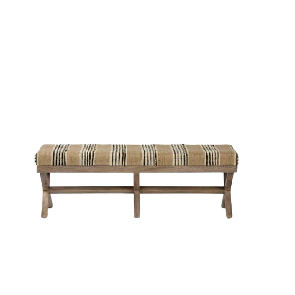 50" Beige Black And Brown Cotton Blend And Solid Wood Upholstered Entryway Stool