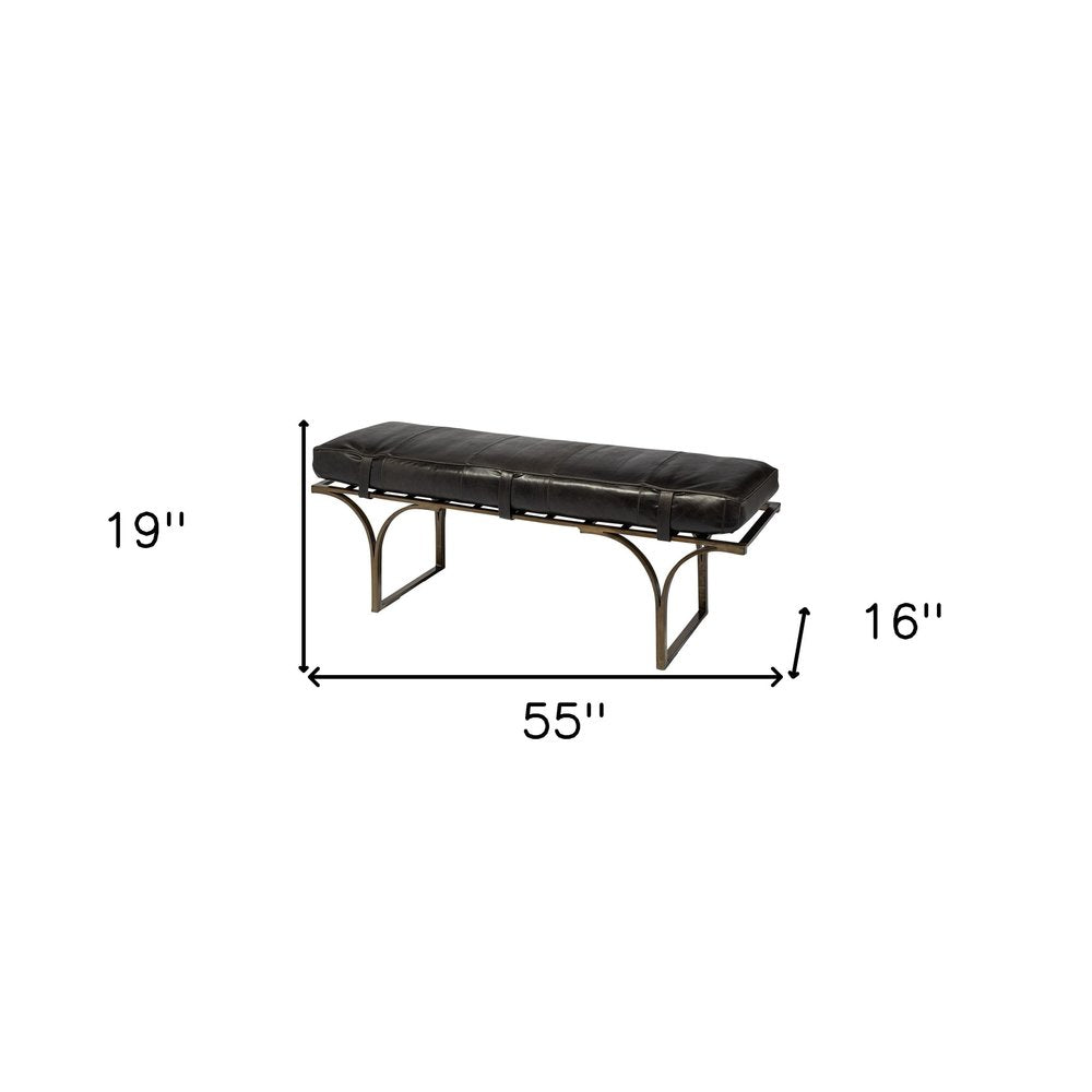 55" Black And Antiqued Brass Genuine Leather And Iron Upholstered Entryway Stool