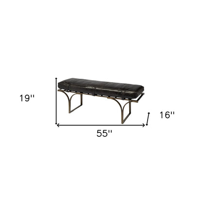 55" Black And Antiqued Brass Genuine Leather And Iron Upholstered Entryway Stool