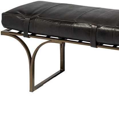 55" Black And Antiqued Brass Genuine Leather And Iron Upholstered Entryway Stool