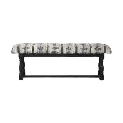 15" Off White And Black Striped Faux Leather And Wood Upholstered Entryway Stool