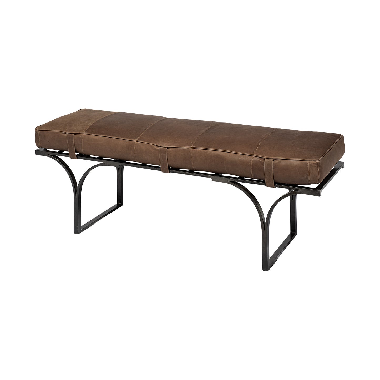 55" Brown and Black Upholstered Genuine Leather Bench