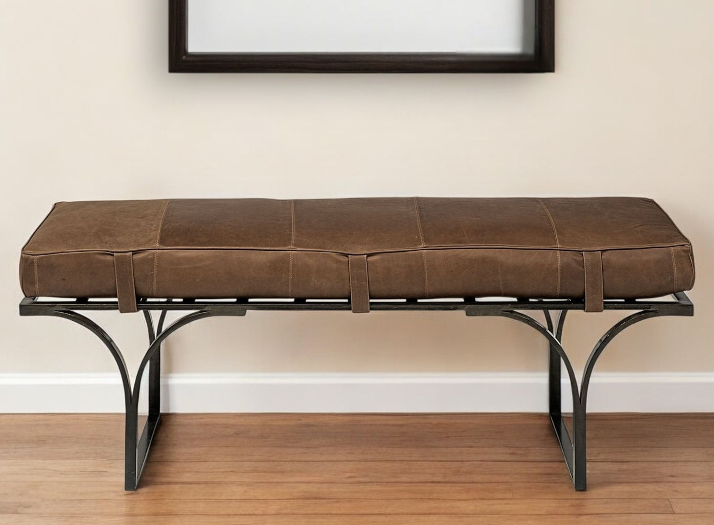 55" Brown and Black Upholstered Genuine Leather Bench