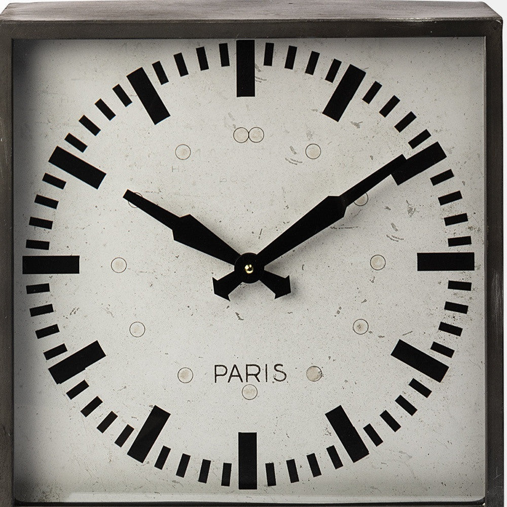 Square Gray Metal Desk  Table Clock With Simple White And Black Face