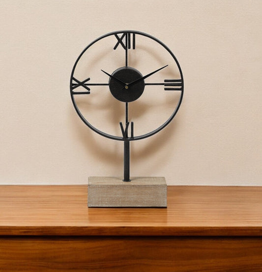 Black Metal Wood Desk  Table Clock With Open Metal Frame