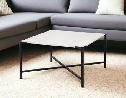 30" Black And White Genuine Marble and Metal Square Cross Legs Coffee Table