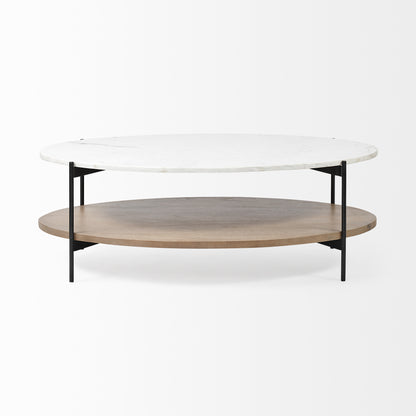 48" Brown and Black Genuine Marble and Metal Oval Coffee Table With Shelf