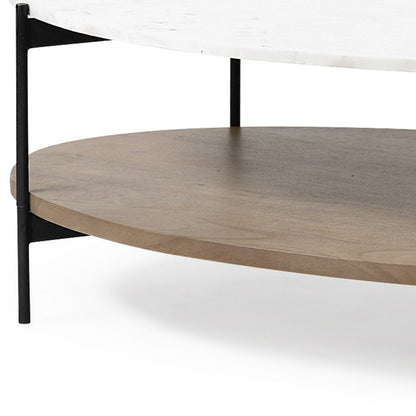 48" Brown and Black Genuine Marble and Metal Oval Coffee Table With Shelf