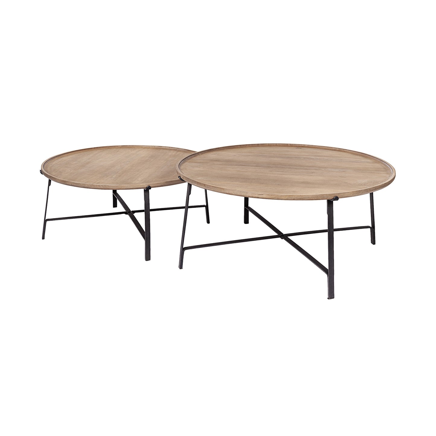 Set of Two 41" Brown And Black Solid Wood And Iron Round Nested Coffee Tables