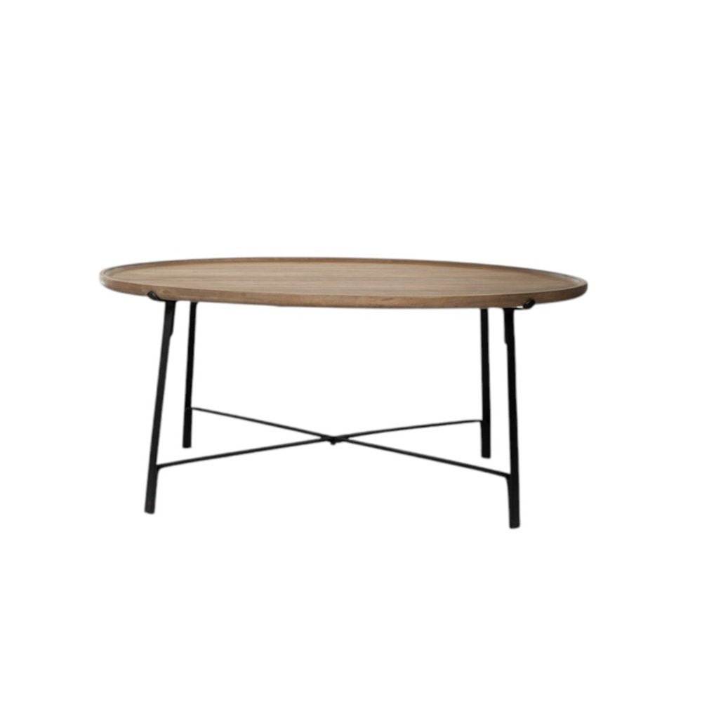 Set of Two Brown and Black Solid Wood and Iron Round Nested Coffee Tables