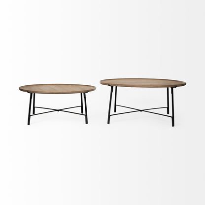 Set of Two Brown and Black Solid Wood and Iron Round Nested Coffee Tables