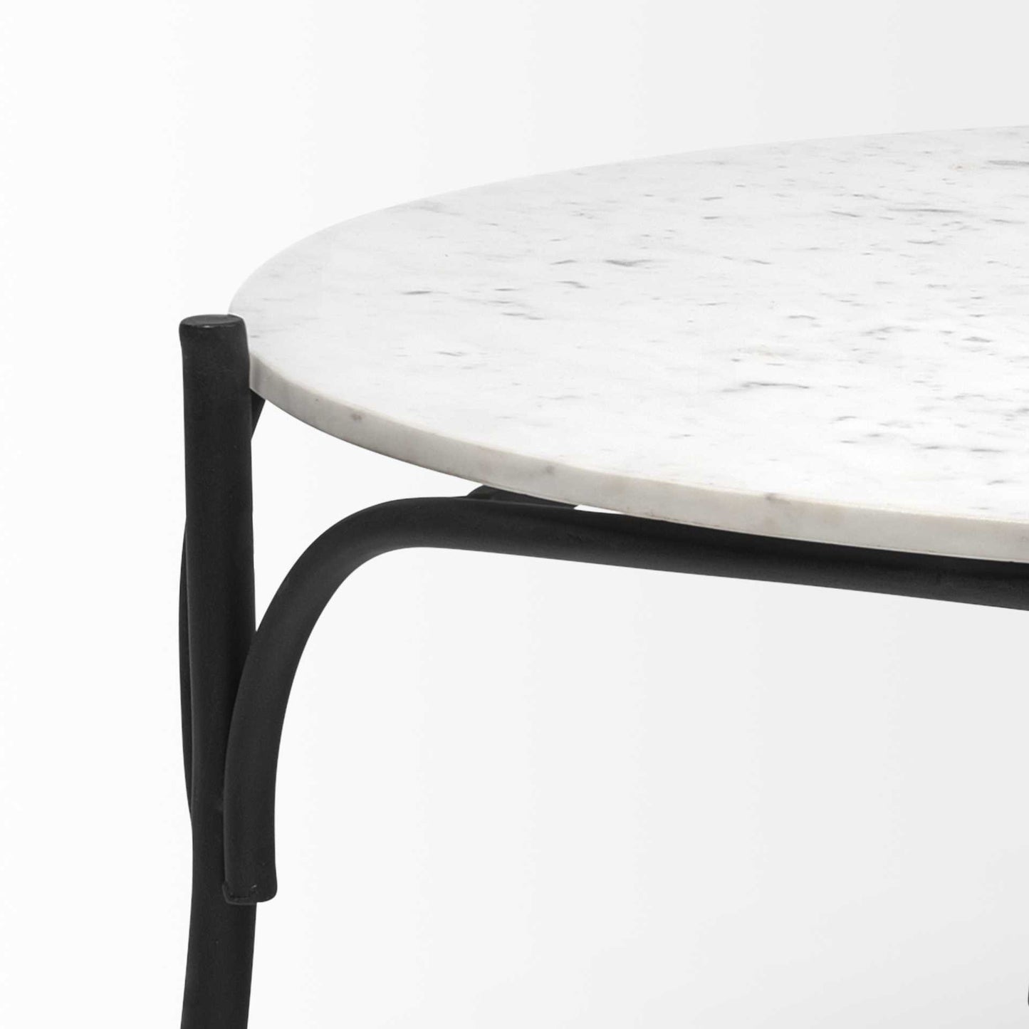 36" Round White Marble Top Black And Metal Base Coffee Table