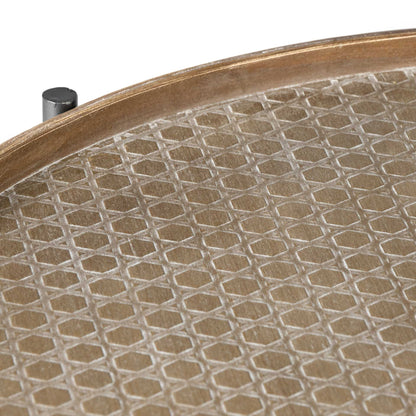 33" Brown and Black Solid Wood and Iron Round Coffee Table With Shelf