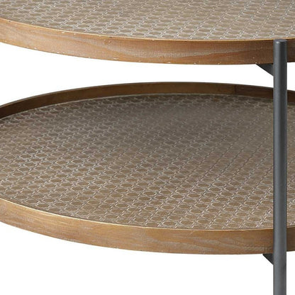 33" Brown and Black Solid Wood and Iron Round Coffee Table With Shelf