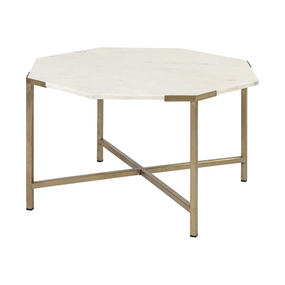 33" White and Gold Genuine Marble and Metal Octagon Coffee Table