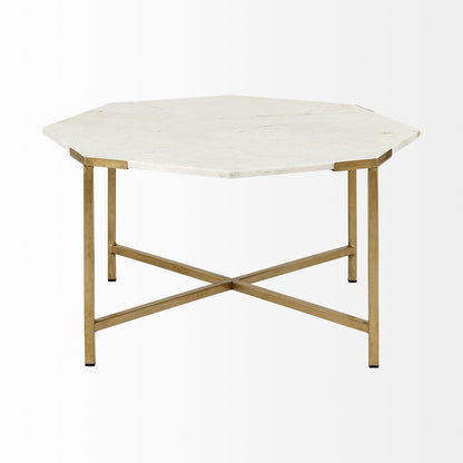 33" White and Gold Genuine Marble and Metal Octagon Coffee Table