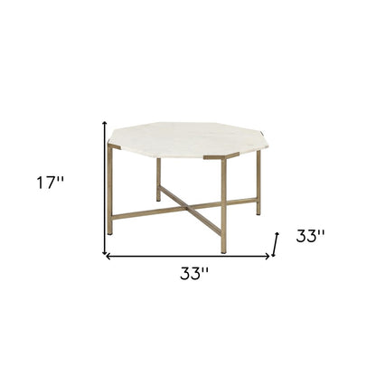 33" White and Gold Genuine Marble and Metal Octagon Coffee Table