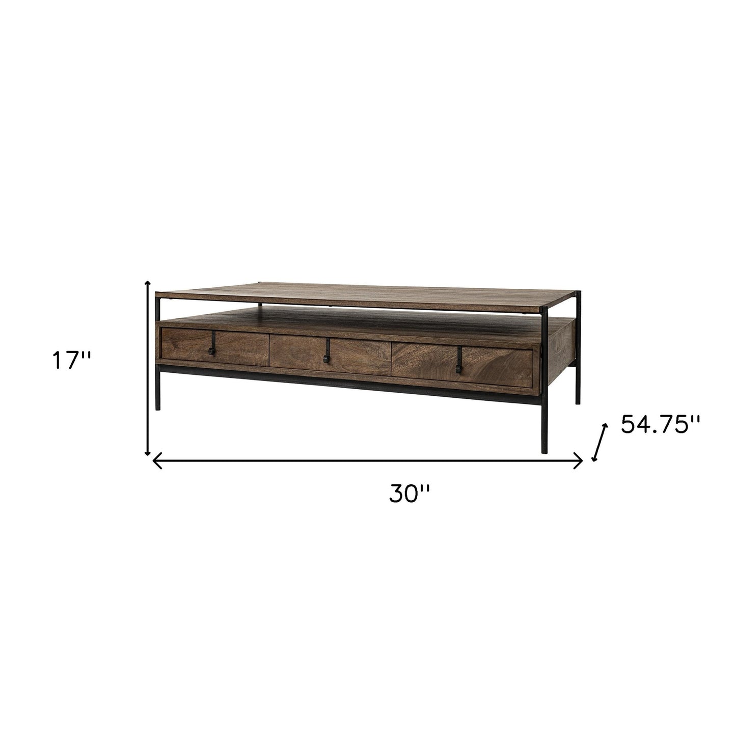 Rectangular Solid Wood And Black Metal Coffee Table W 3 Drawers