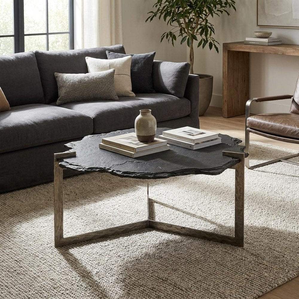 40" Black and Gold Stone and Iron Free Form Distressed Coffee Table