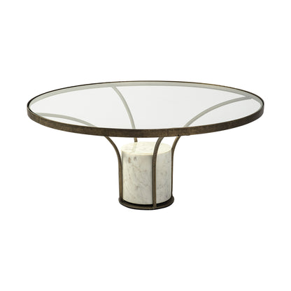 36" Antiqued Gold And White Glass Iron and Marble Round Pedestal Coffee Table