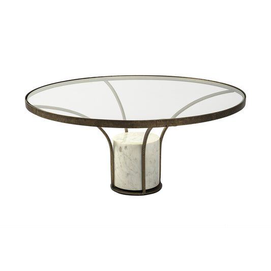 36" Clear And White and Gold Glass And Stone Round Coffee Table