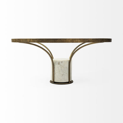 36" Antiqued Gold And White Glass Iron and Marble Round Pedestal Coffee Table