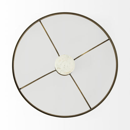 36" Antiqued Gold And White Glass Iron and Marble Round Pedestal Coffee Table