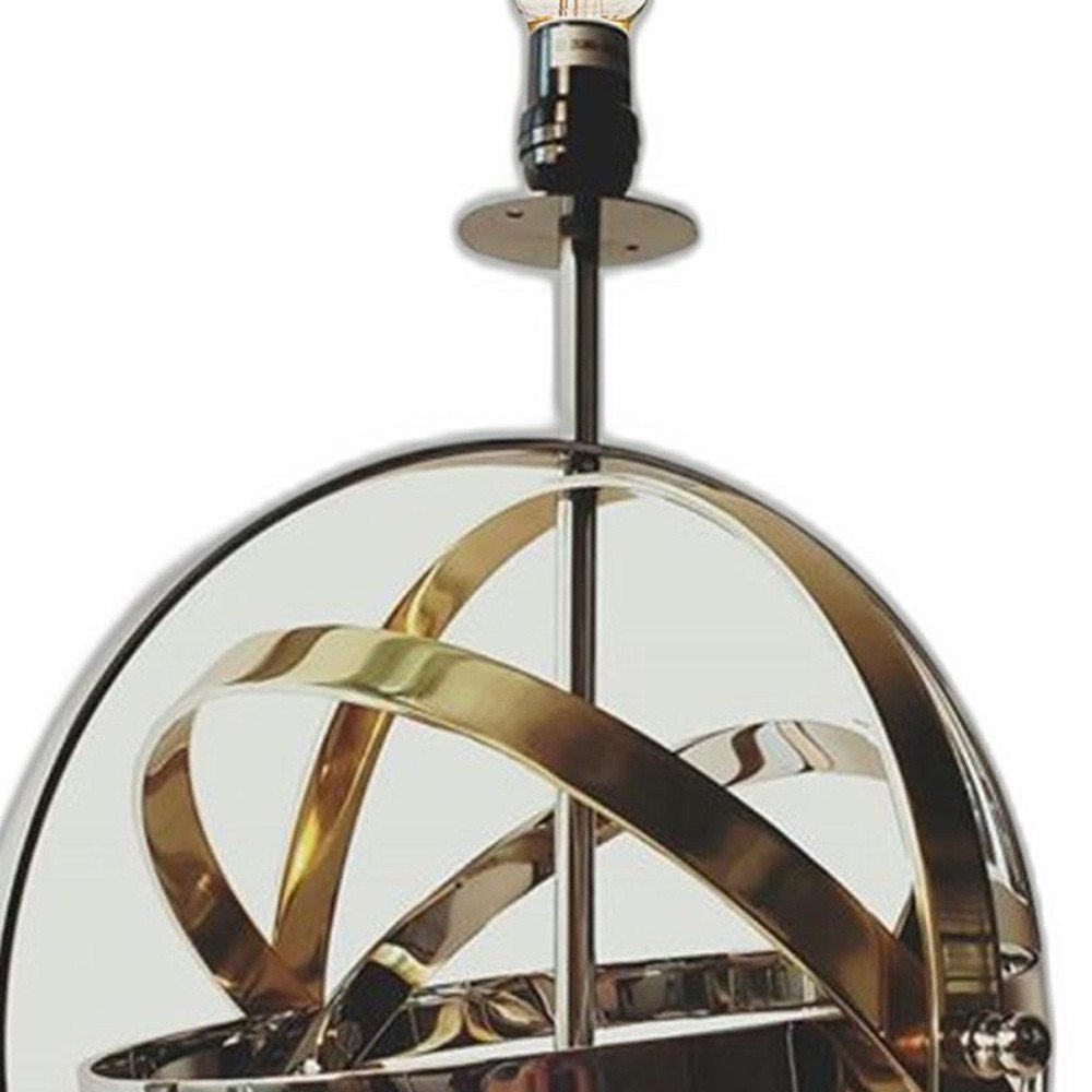 Bronze metal table lamp with interlocking metal ribbons inside a circular frame.